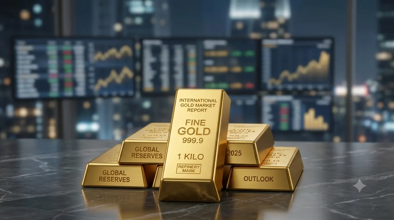 Stacked gold bars labeled International Gold Market Report, Fine Gold 999.9, 1 Kilo, Global Reserves, Outlook, 2025, with financial charts in the background