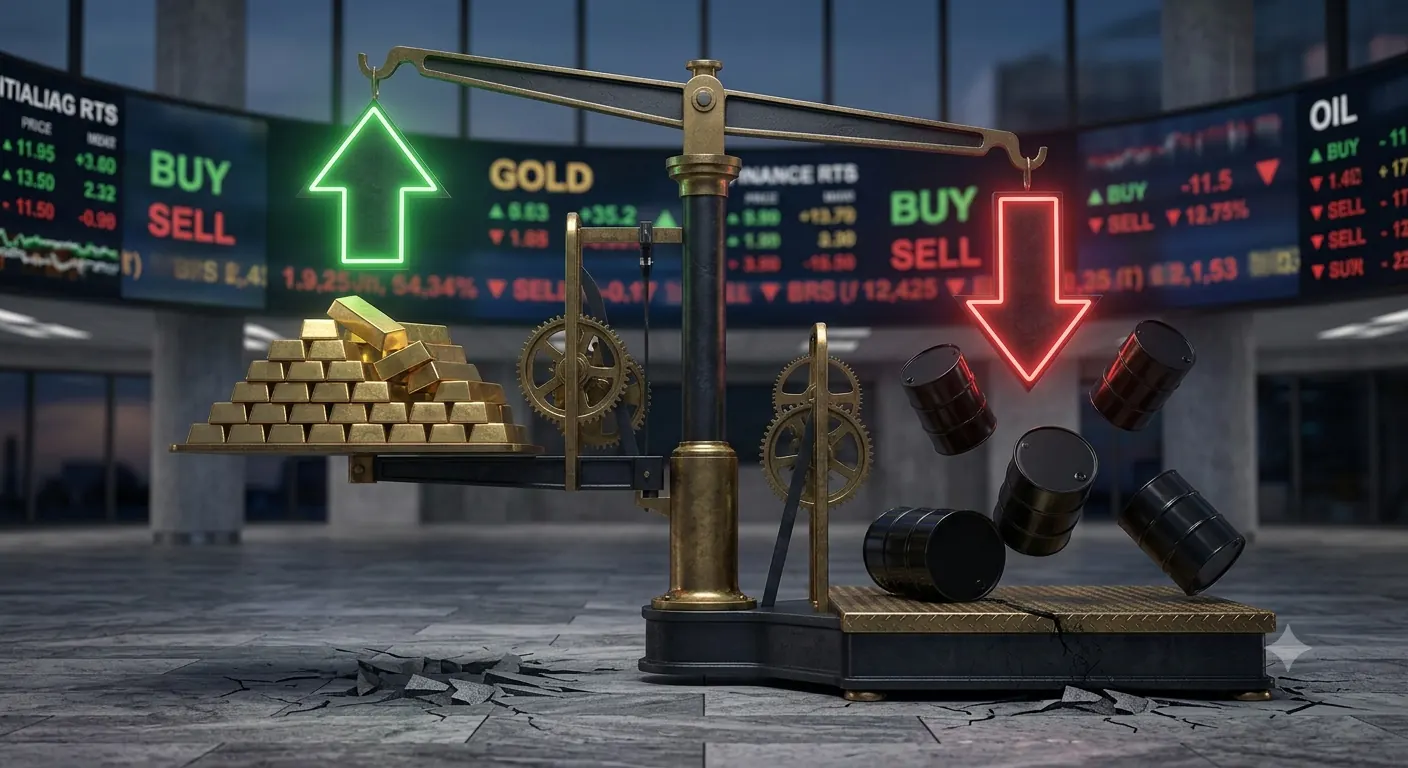 A scale balancing gold bars against falling oil barrels, with a green arrow over gold and a red arrow over oil