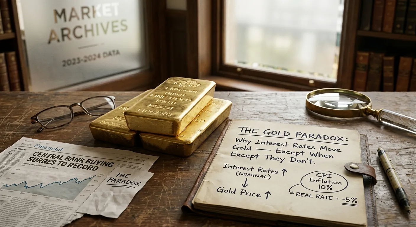 A notebook page titled The Gold Paradox next to gold bars, a magnifying glass, and a newspaper headline about central bank buying
