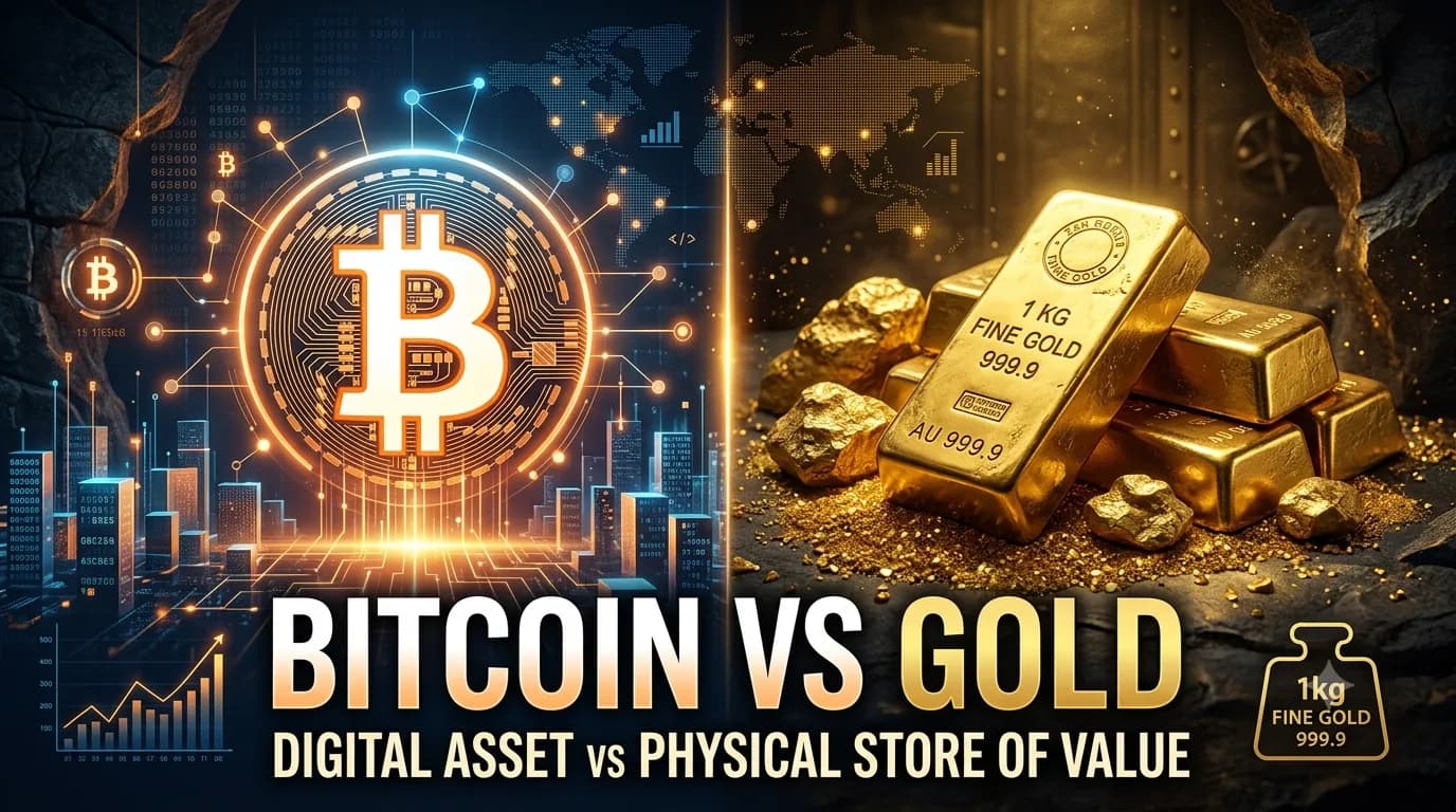 Bitcoin vs Gold: digital asset versus physical store of value, split-image comparison