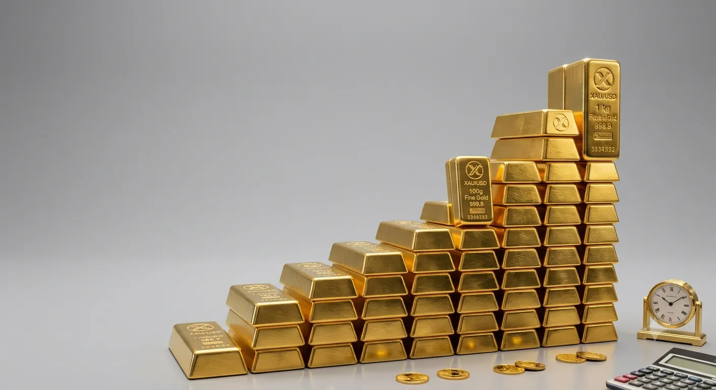 Gold bars stacked in an ascending staircase pattern next to gold coins and a clock