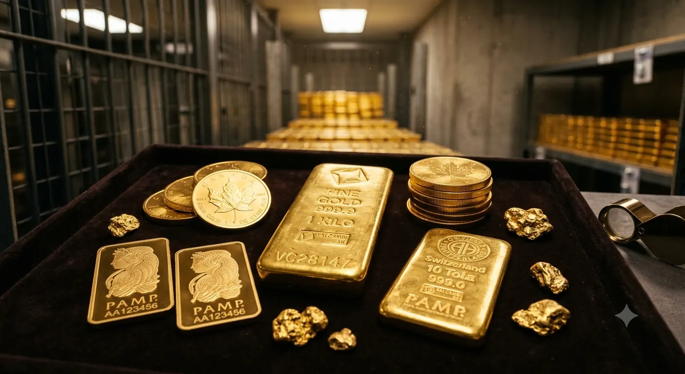 Gold bars, coins, and nuggets displayed on a tray in a vault