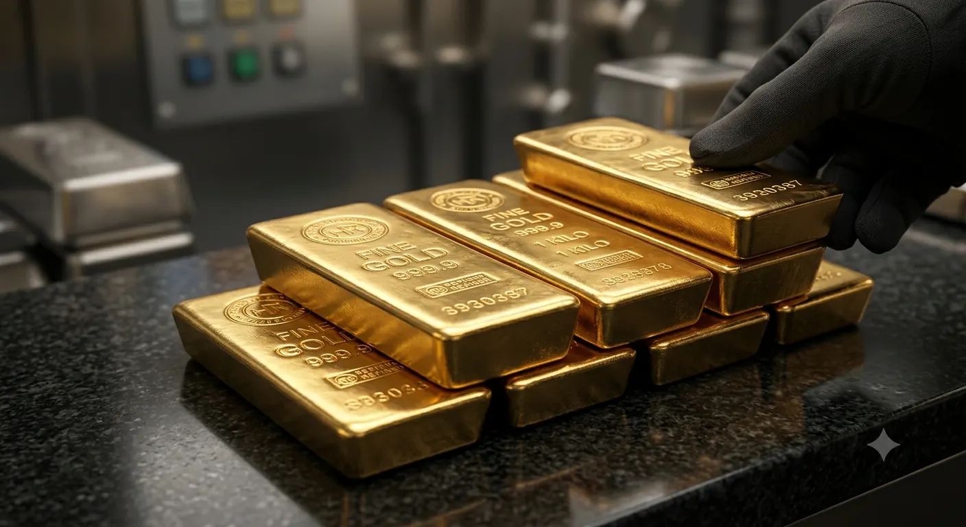 A gloved hand arranging stacked gold bars on a vault countertop