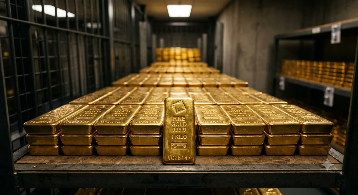 Rows of stacked gold bars in a secure vault