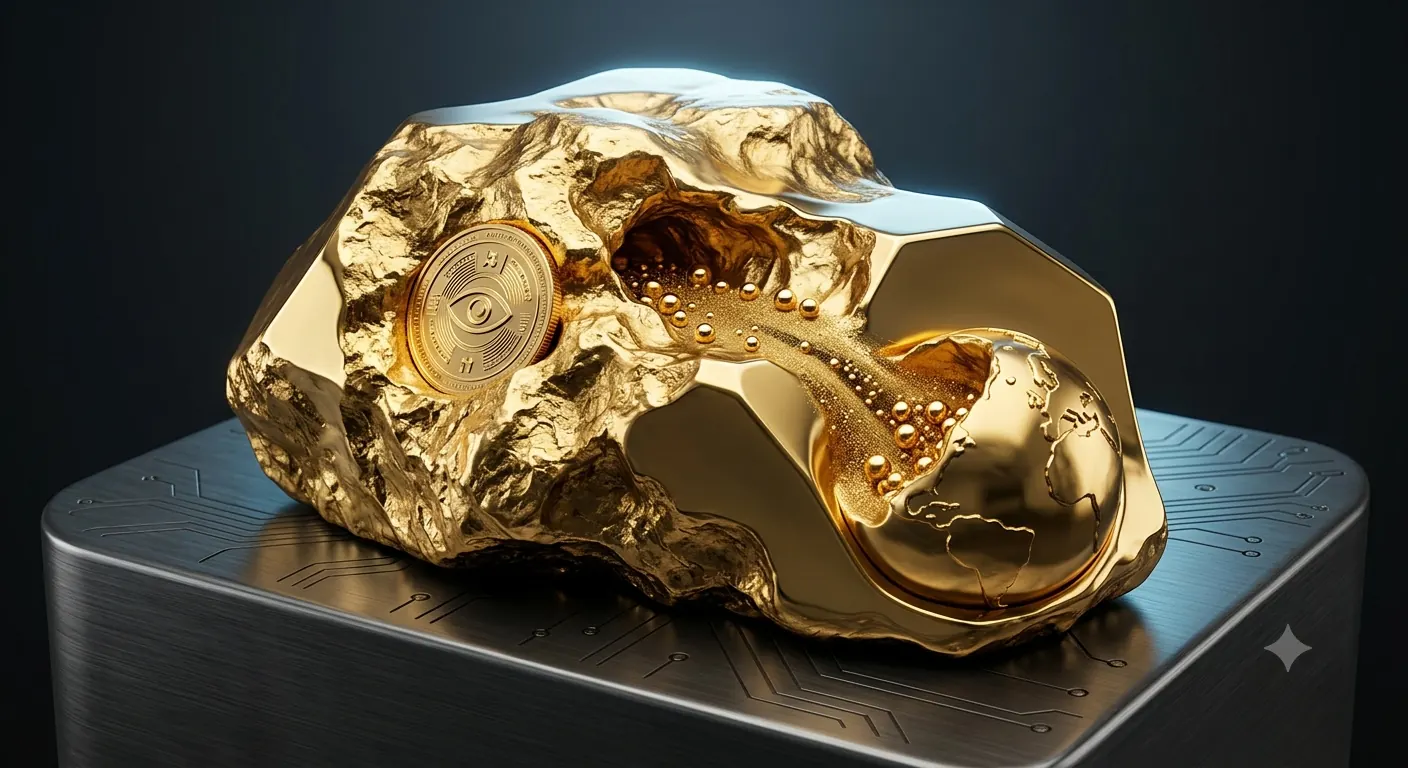 A polished gold nugget with an embedded coin and digital circuit motif on a metal base