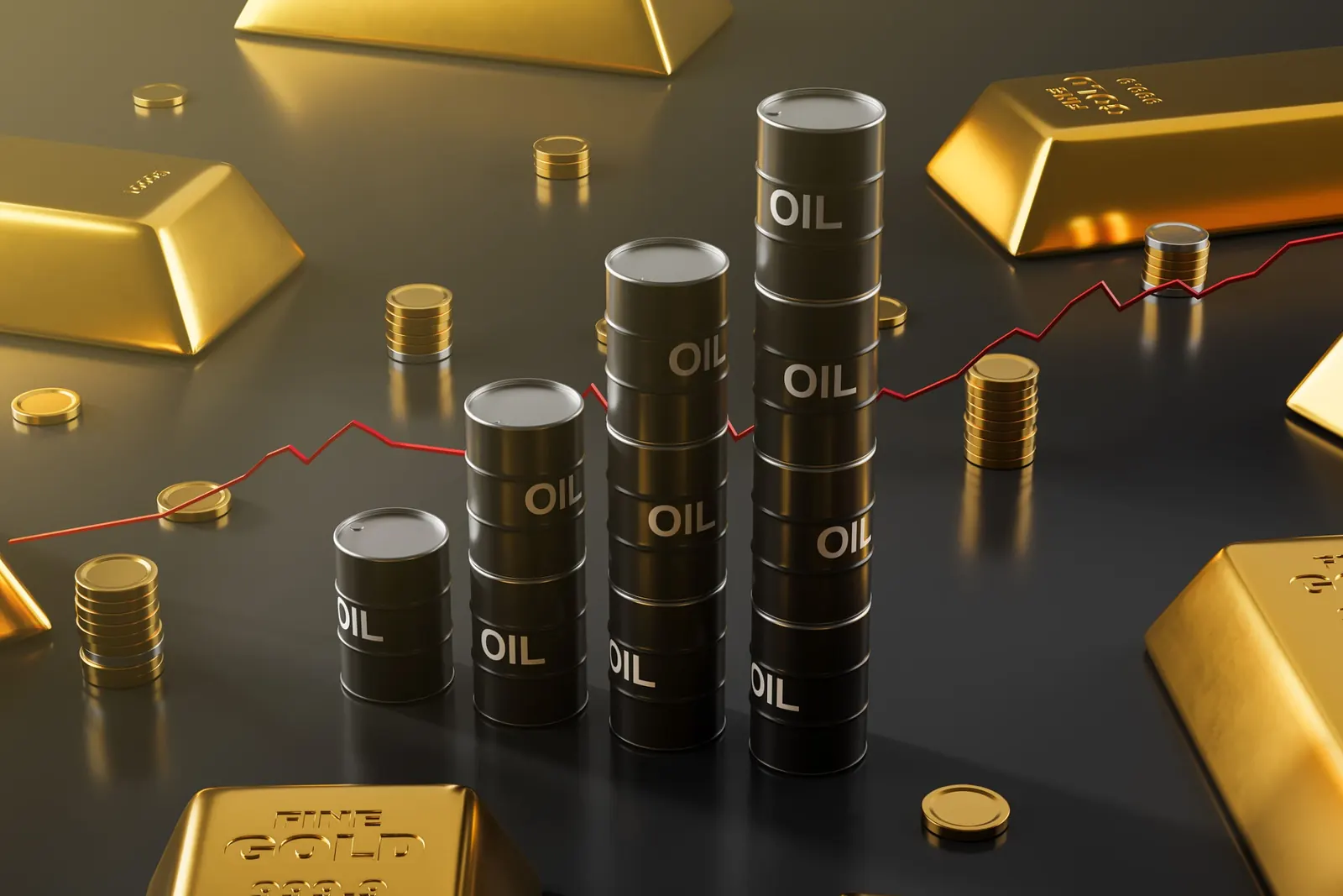 Stacked oil barrels beside gold bars with a rising price line
