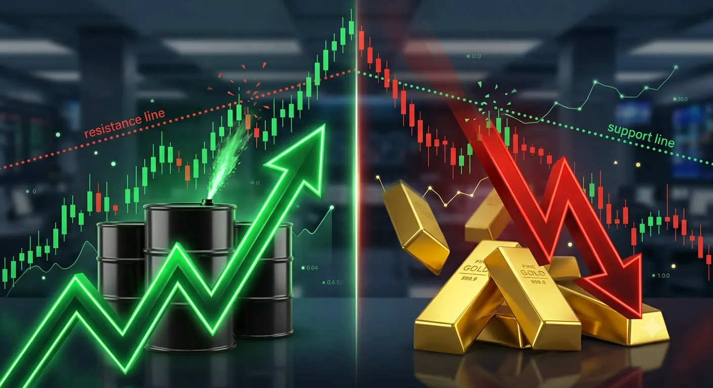 Oil prices rising against gold prices falling, with support and resistance lines illustrated