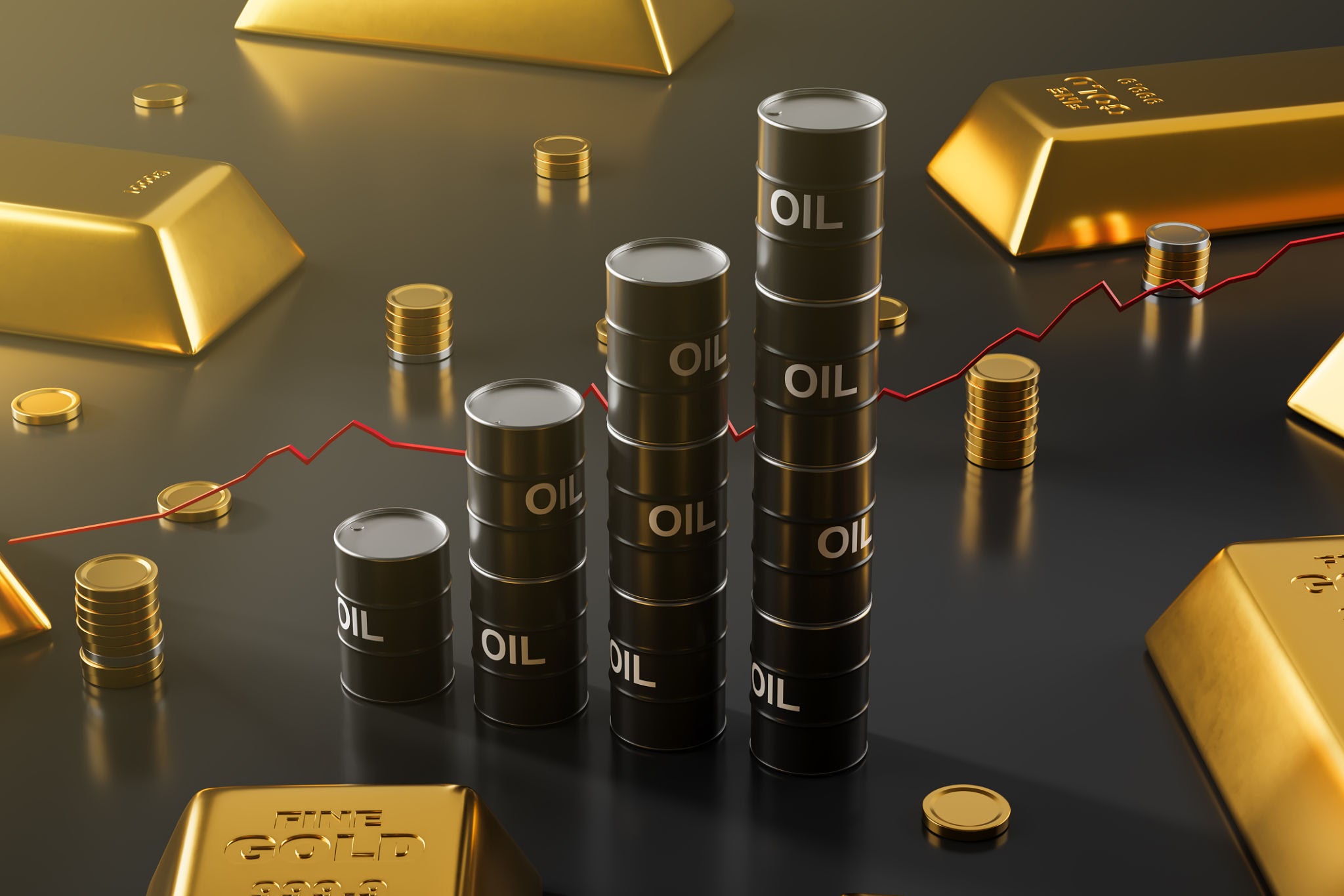 Stacked oil barrels beside gold bars with a rising price line